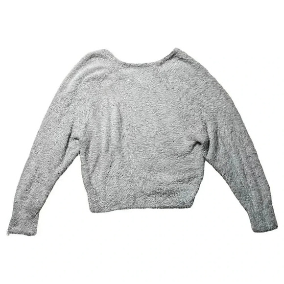 Express Womens Fuzzy Gray Oversized Sweater Soft Rhinestones V Neck Size XS - Picture 2 of 9